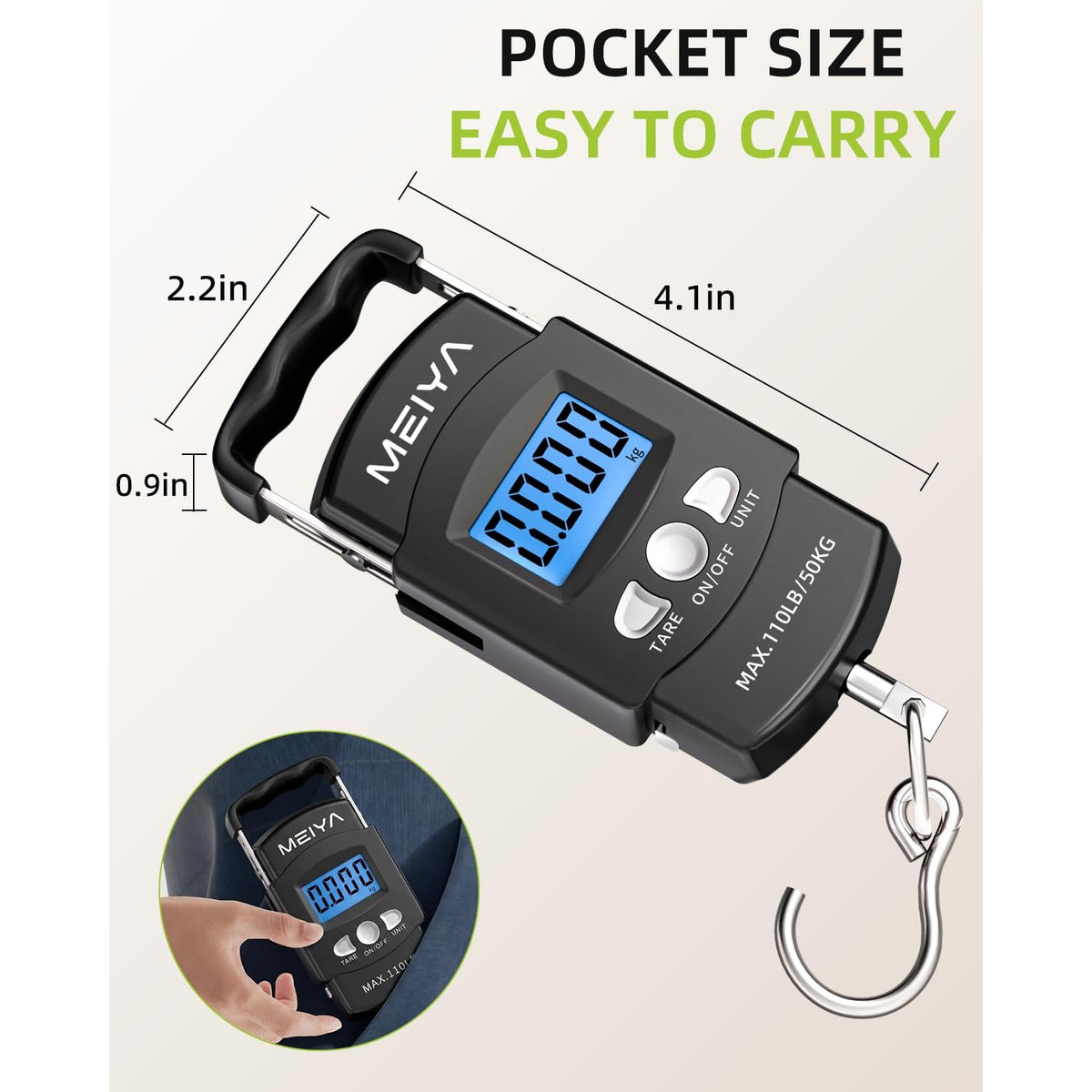 MEIYA Digital Fish Scale showcases a high-quality pocket-sized design, perfect for easy carrying. Available at Curat Cart.