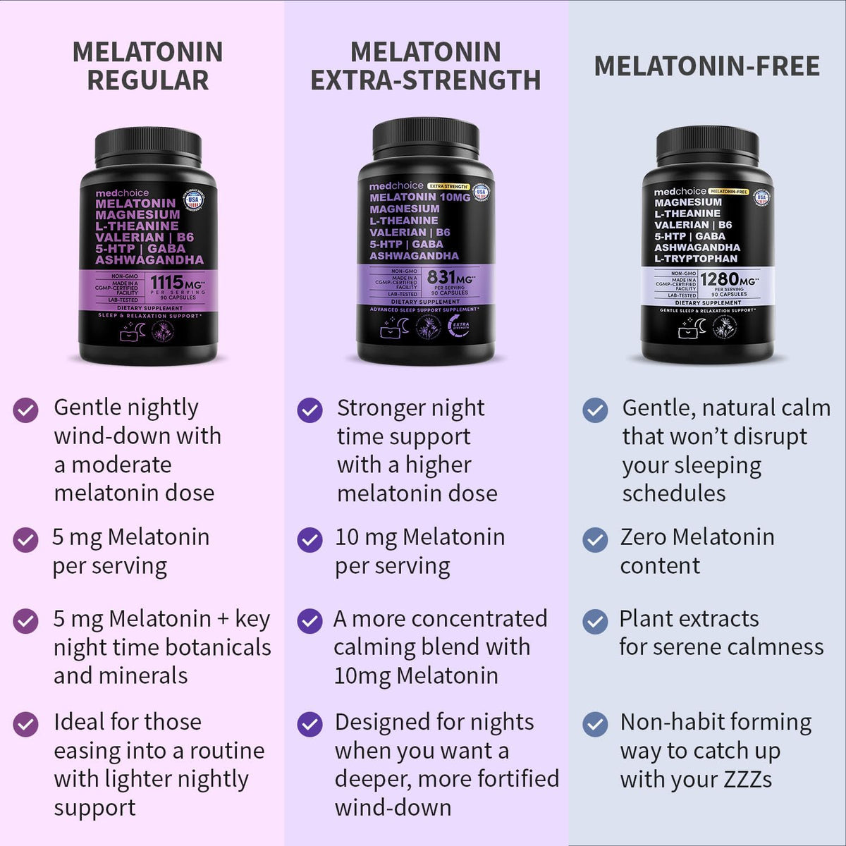 Melatonin Sleep Capsules in three variants: regular, extra strength, and melatonin-free, each with unique benefits.