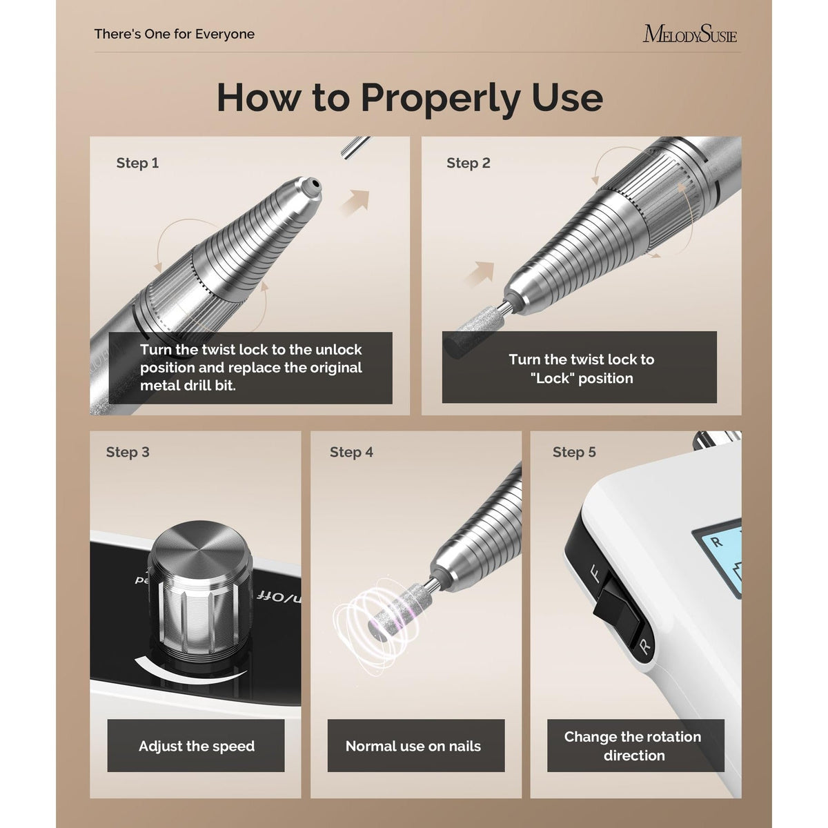 Instructions for using the MelodySusie portable clip-on nail drill, showcasing steps and controls for effective nail care.