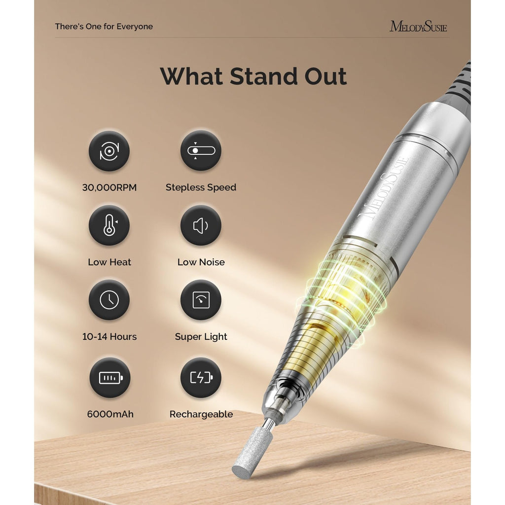 Premium imported MelodySusie portable clip-on nail drill with 30,000 RPM, lightweight design, and rechargeable features.