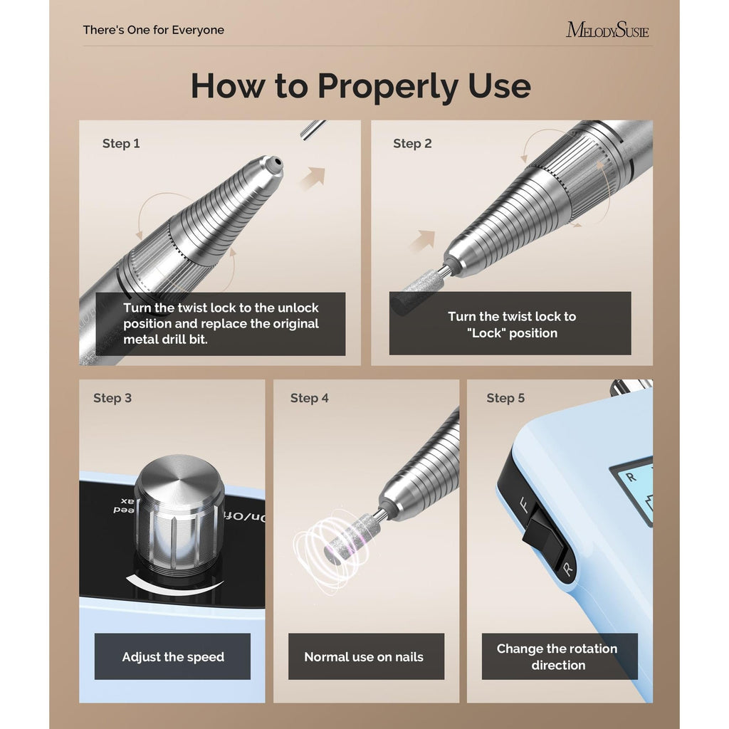 Detailed instructions for using the MelodySusie Portable Clip-On Nail Drill. Available now, order online for easy access.
