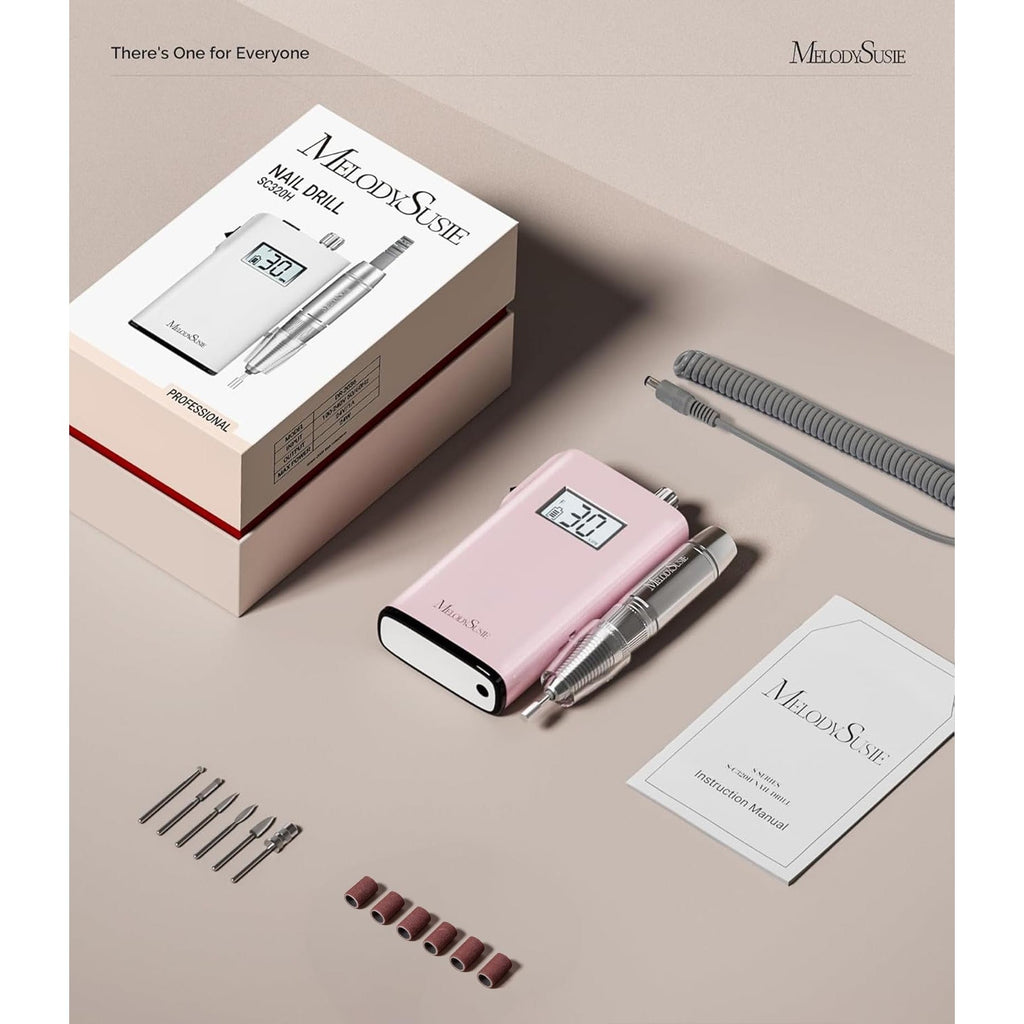 MelodySusie Portable Clip-On Nail Drill kit with multiple bits, user manual, and sleek design. Verified by CuratCart.