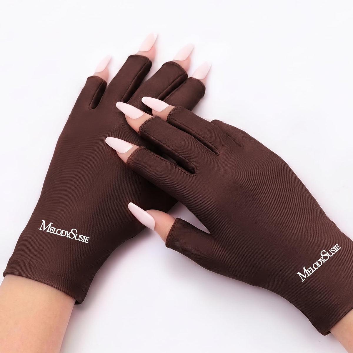 MelodySusie fingerless UV protection gloves in brown, perfect for sun protection. Available online for order.