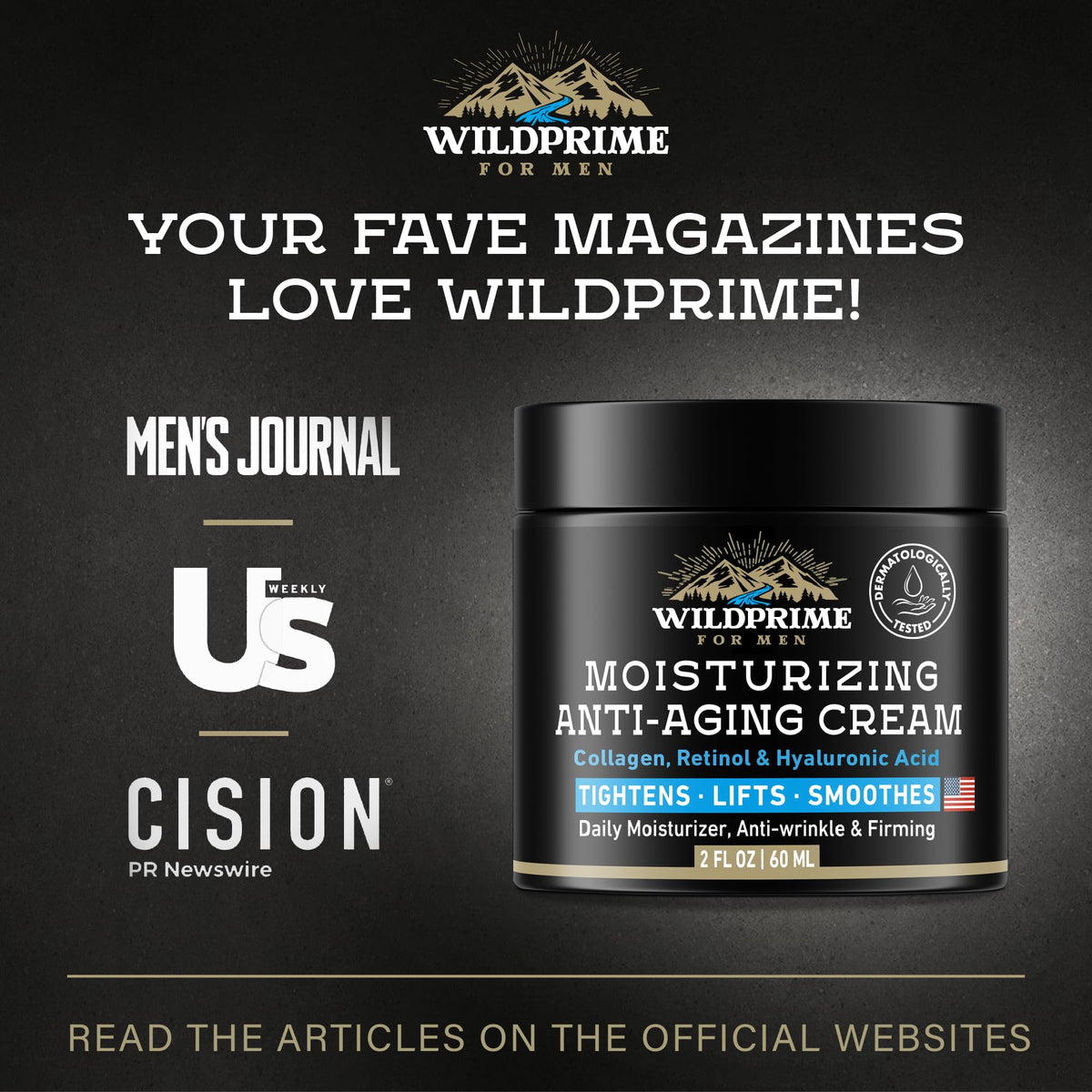 WildPrime Men's Moisturizing Anti-Aging Cream features collagen, retinol, and hyaluronic acid. Trusted by Men's Journal and Us Weekly.