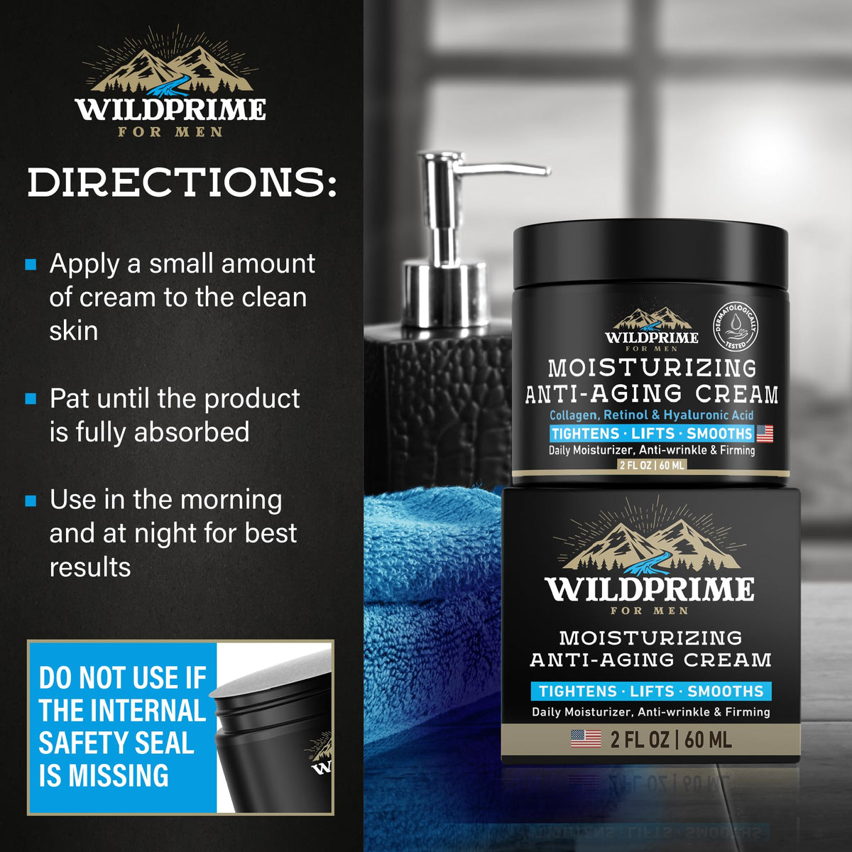 WildPrime Men's Moisturizing Anti-Aging Cream features collagen and hyaluronic acid. Apply for tighter, smoother skin.