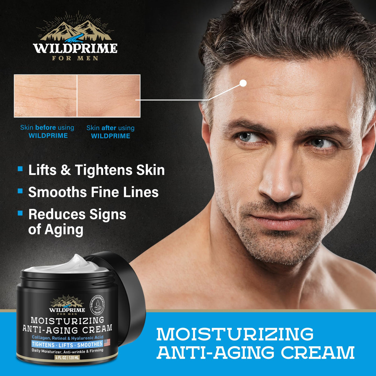 WildPrime men's anti-aging cream visibly lifts and tightens skin while reducing fine lines. Verified by CuratCart.