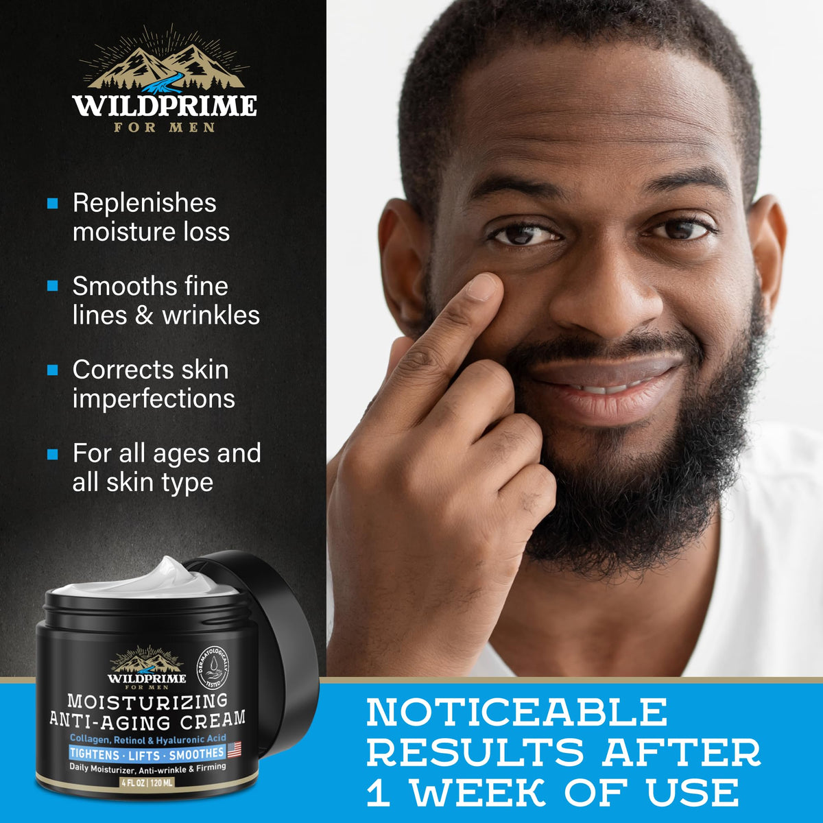 WildPrime Men's Face Moisturizer Cream improves skin hydration, smooths wrinkles, and corrects imperfections for all skin types.