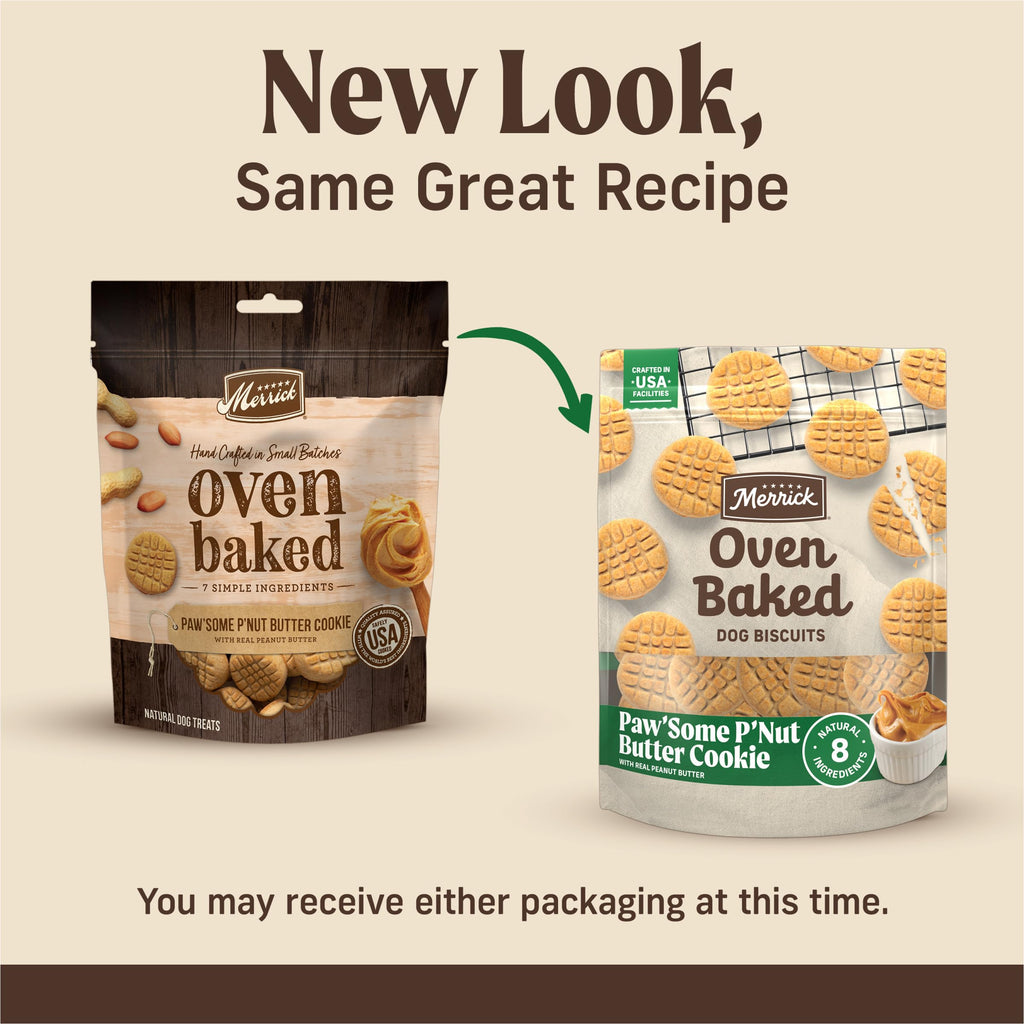 Merrick Oven Baked Peanut Butter Dog Treats featured in two packaging styles, 100% Authentic, Available in India at Curat Cart.
