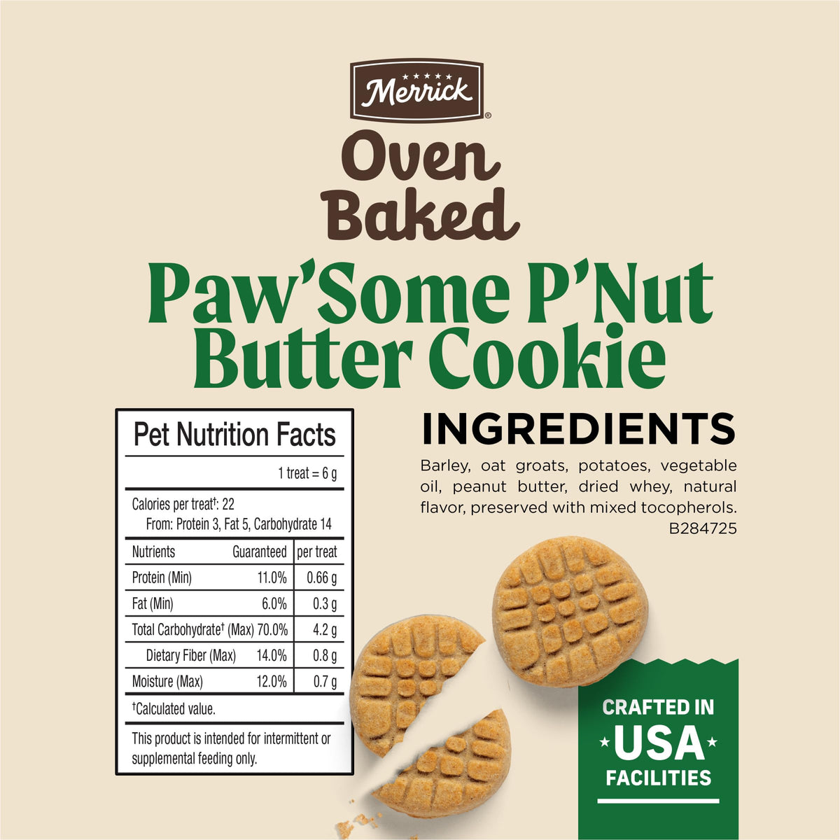 Merrick Oven Baked Peanut Butter Dog Treats, premium imported snacks for dogs, available at Curat Cart. Crafted in USA facilities.