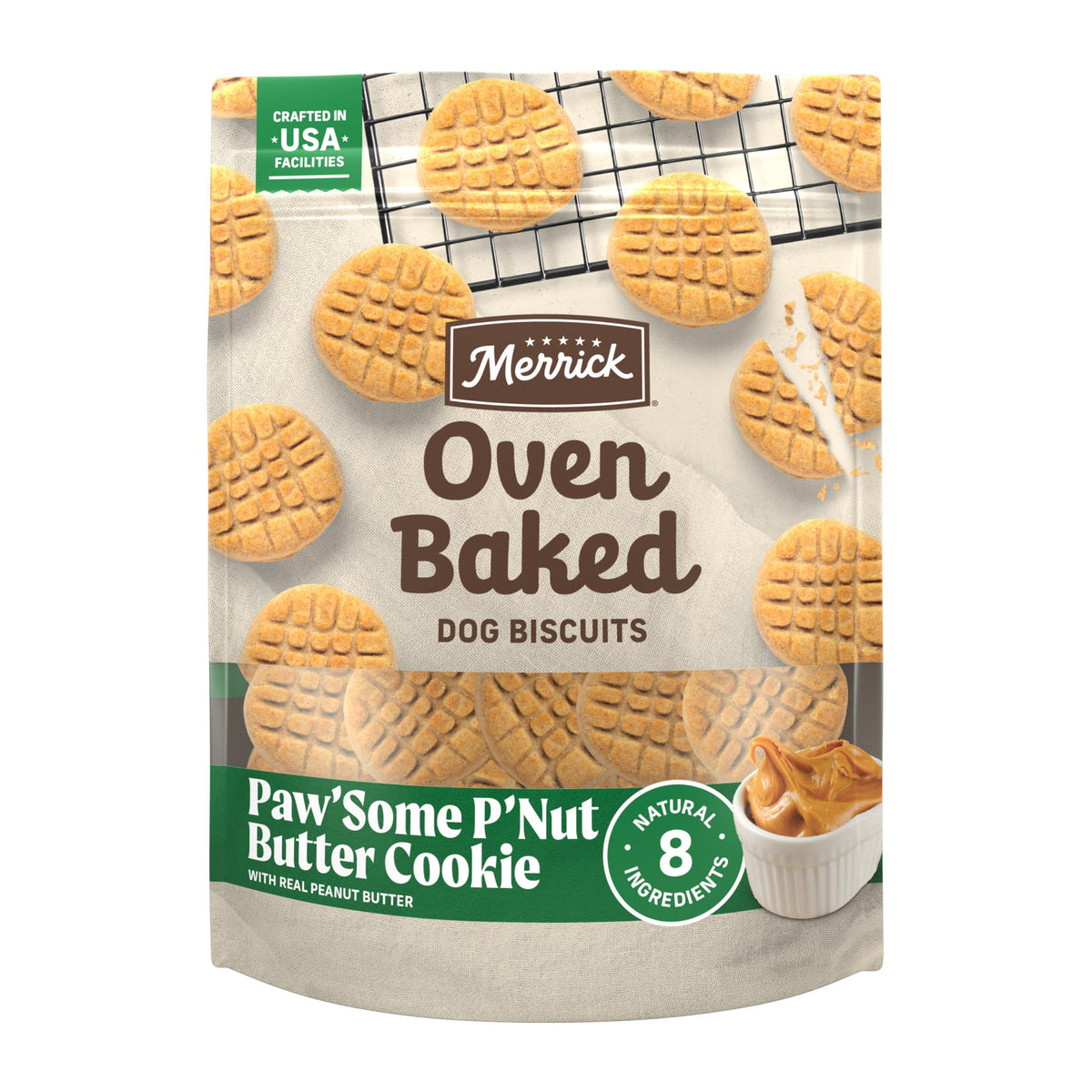 Treat your dog to Merrick Oven Baked Peanut Butter Dog Treats, a premium import with 8 natural ingredients, available at Curat Cart.