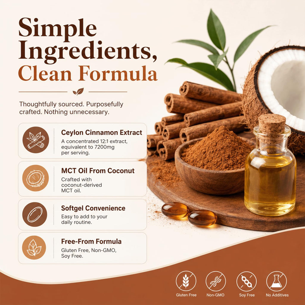 Metabolae Ceylon Cinnamon with MCT Oil offers 100% Authentic, clean ingredients for a healthy routine. Available at Curat Cart.