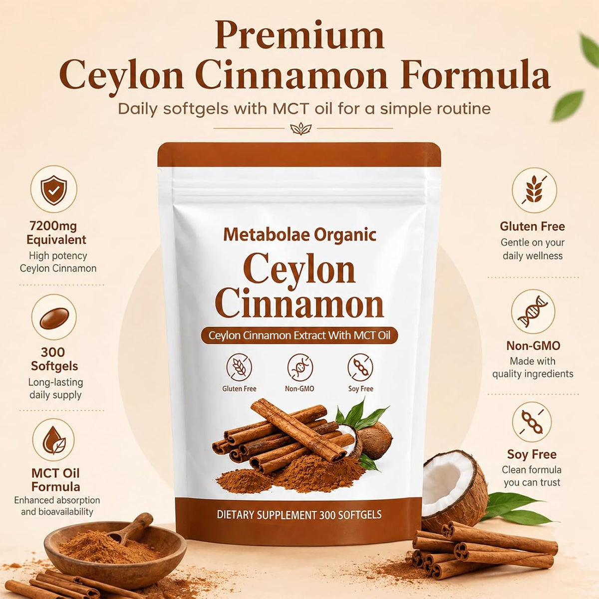Metabolae Ceylon Cinnamon with MCT Oil, a premium imported supplement for wellness, available at Curat Cart.