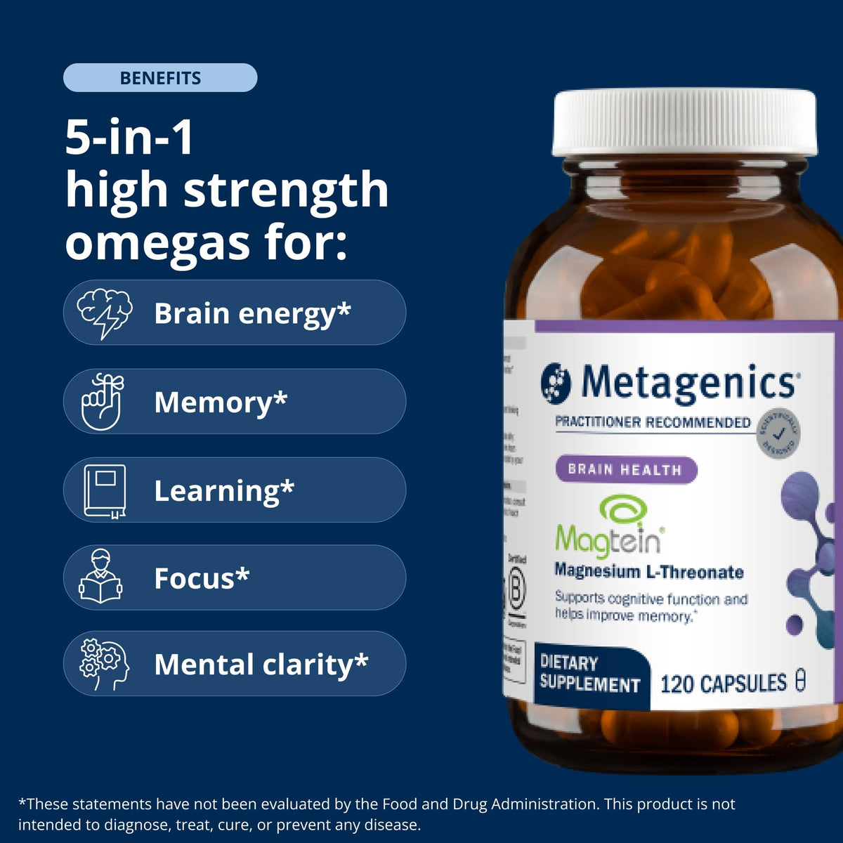 Metagenics Magnesium L-Threonate in official packaging, promoting brain health with 120 capsules. Available at Curat Cart.