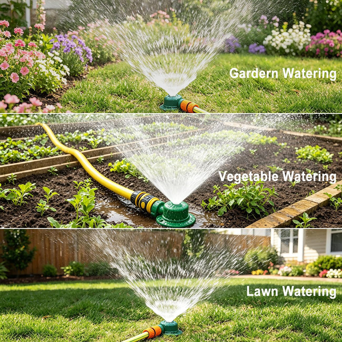Premium imported metal lawn sprinkler in action, watering garden, vegetables, and lawns. Available at Curat Cart.