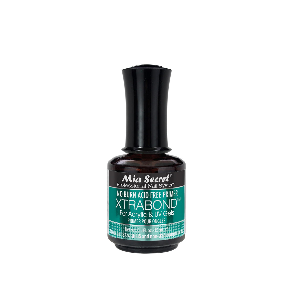 Mia Secret XTRABOND No-Burn Acid-Free Primer in a sleek black bottle. Perfect for acrylic and UV gels. Verified by CuratCart.