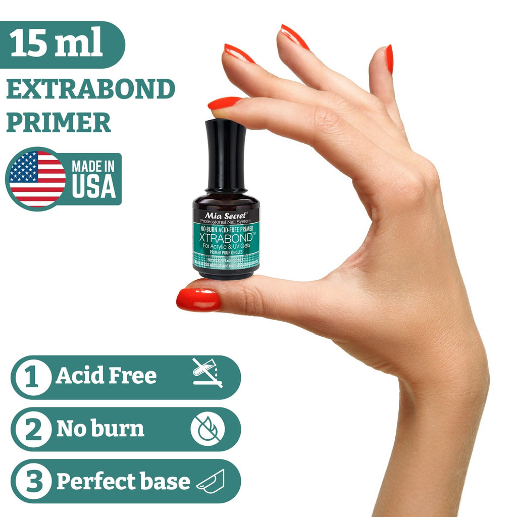 Mia Secret XTRABOND No-Burn Primer, 15ml. Acid-free, ensures perfect adhesion without discomfort. Authentic USA product.