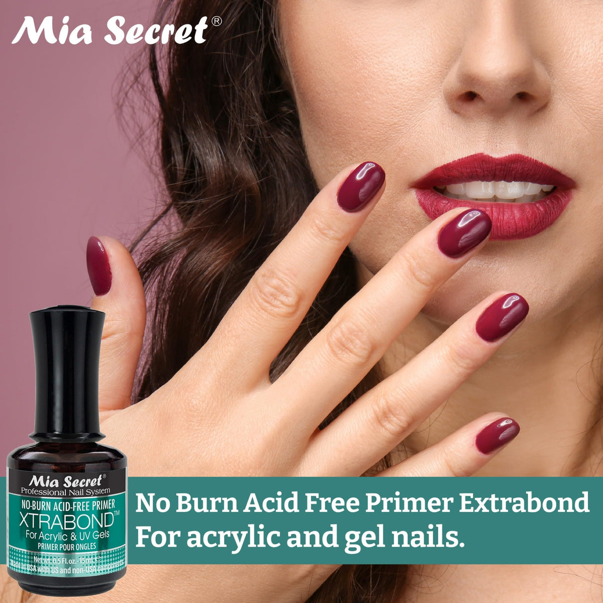 Mia Secret XTRABOND No-Burn Acid-Free Primer, ideal for acrylic and UV gel nails, ensuring a smooth finish. Verified by CuratCart.