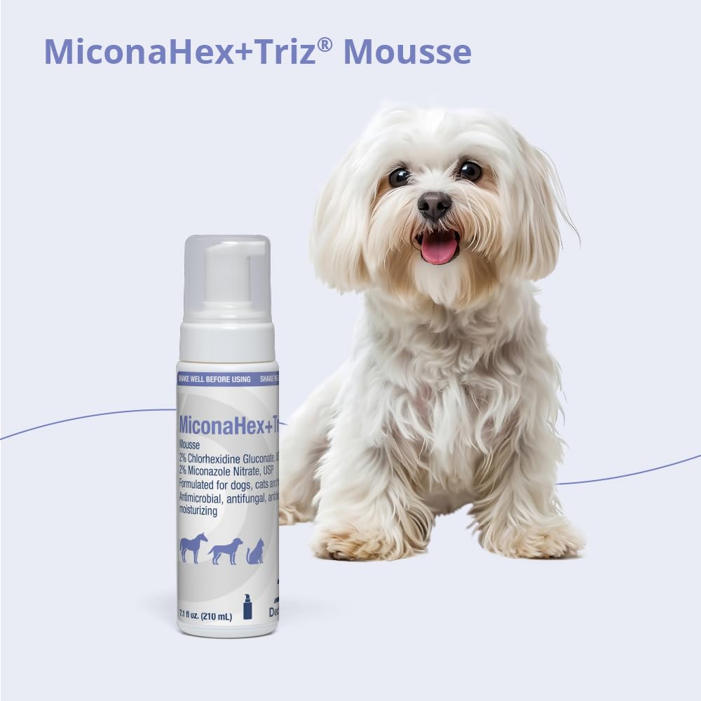MiconaHex Triz Mousse in official packaging, offering antimicrobial and moisturizing benefits for dogs, available at Curat Cart.