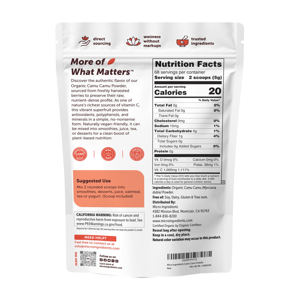 Discover premium imported Micro Ingredients Organic Camu Camu Powder with nutritional information, available at Curat Cart.