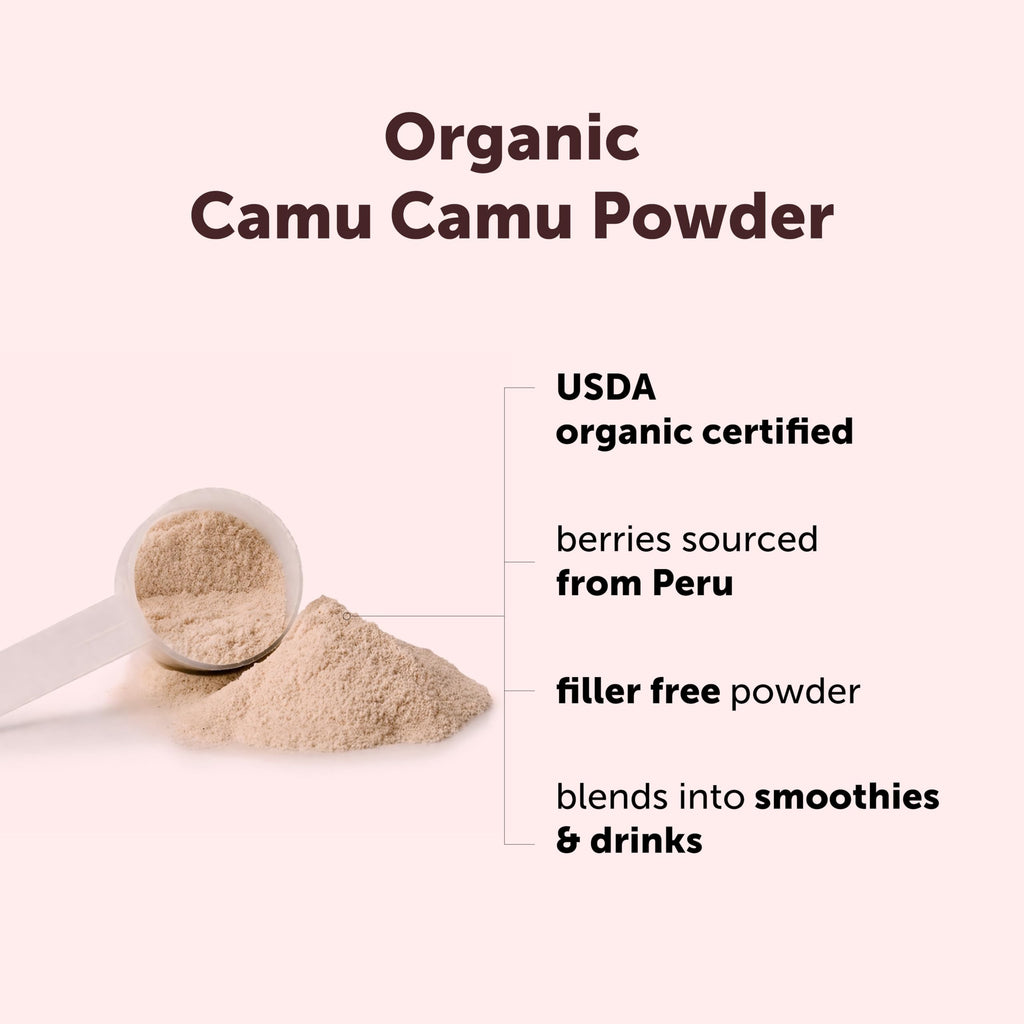 Organic Camu Camu Powder, 100% Authentic, sourced from Peru, available at Curat Cart for healthy smoothies and drinks.