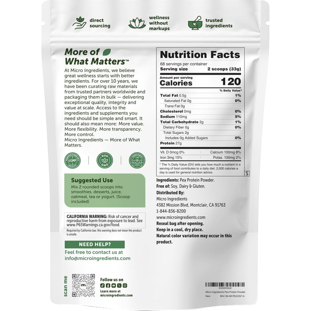Micro Ingredients Pea Protein Powder, 100% Authentic and available in India at Curat Cart. Nutritional details and ingredients listed.