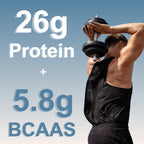 Micro Ingredients Whey Protein Powder showcases 26g protein and 5.8g BCAAs, ideal for muscle building. Available at Curat Cart.