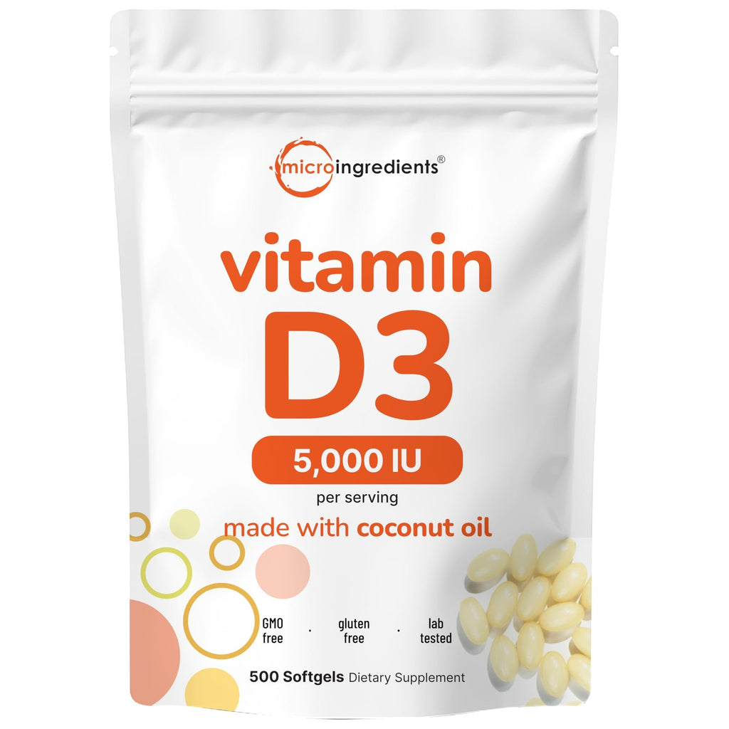 Micro Ingredients Vitamin D3 Softgels, premium import made with coconut oil, available at Curat Cart. Boost your health today.