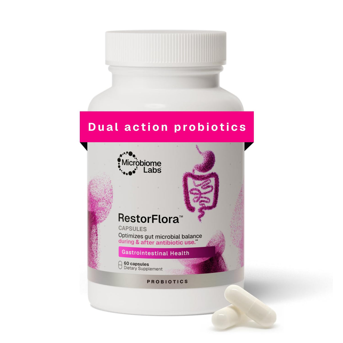 Discover Microbiome Labs Restorflora Probiotics, a premium imported supplement for gut health, available at Curat Cart.