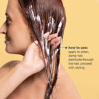 A woman applying milk_shake Whipped Cream Leave-In Foam to damp hair, illustrated with usage instructions for styling.