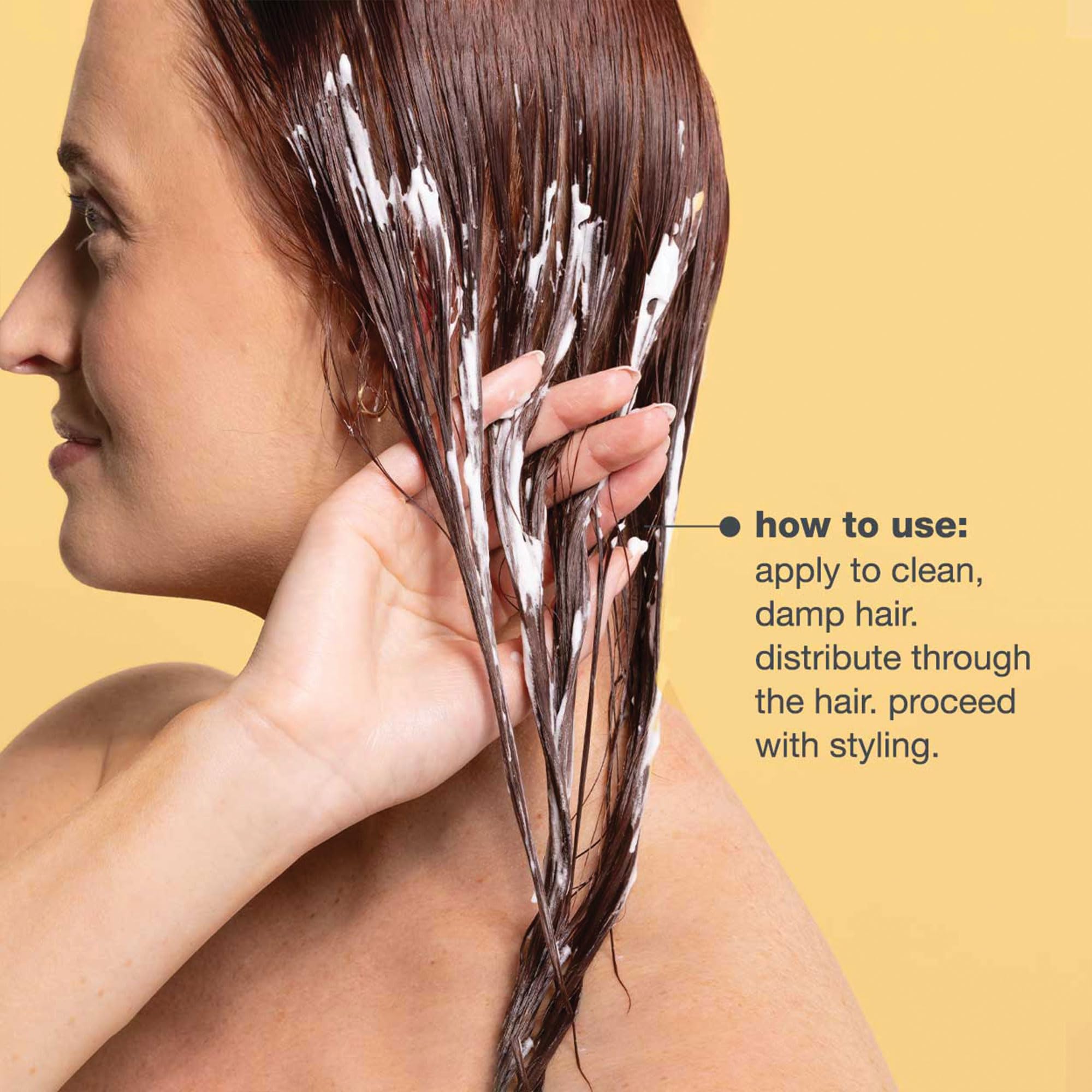 A woman applying milk_shake Whipped Cream Leave-In Foam to damp hair, illustrated with usage instructions for styling.