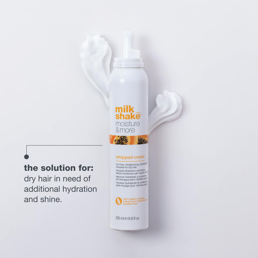 Milk_Shake Whipped Cream Leave-In Foam in original packaging, designed for dry hair hydration and shine.