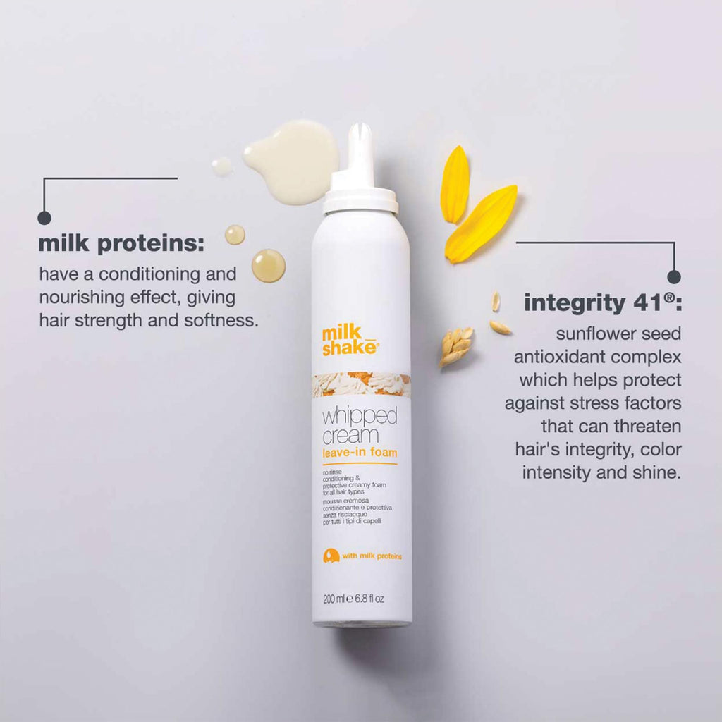 Authentic milk_shake whipped cream leave-in foam with milk proteins to nourish hair, enhancing strength and softness.