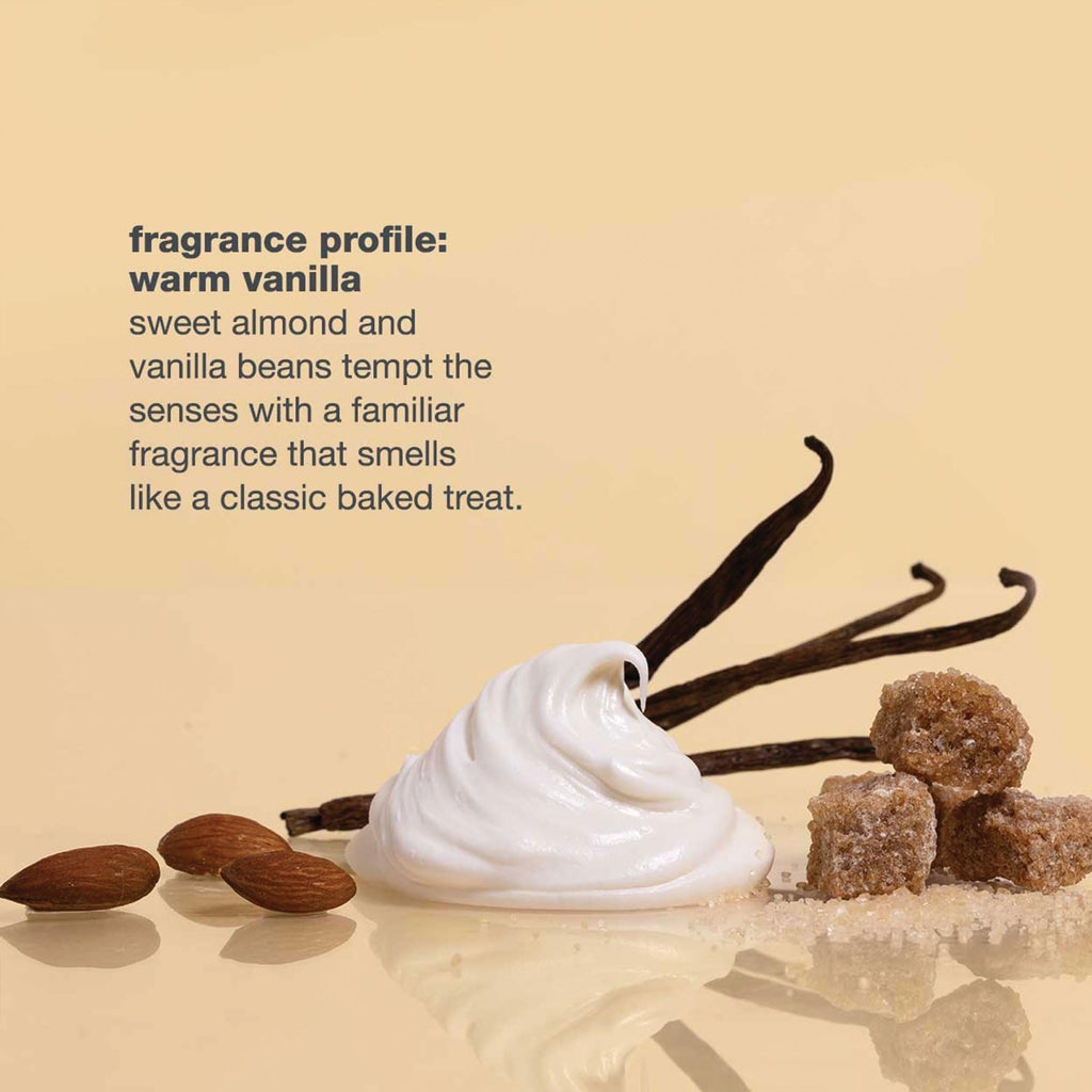 Premium leave-in foam featuring warm vanilla fragrance, sweet almond, and vanilla beans, inspired by classic baked treats.