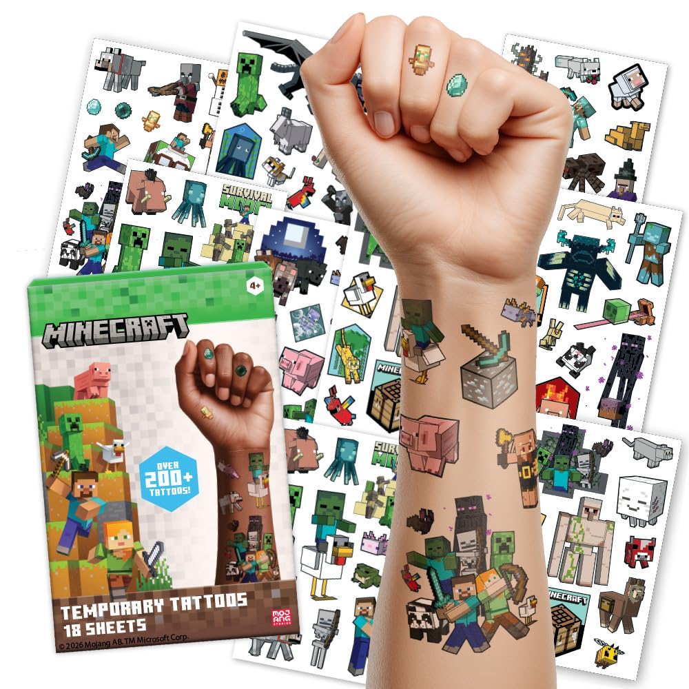 Premium imported Minecraft Temporary Tattoos for Kids, featuring 18 sheets and over 204 designs, available at Curat Cart.