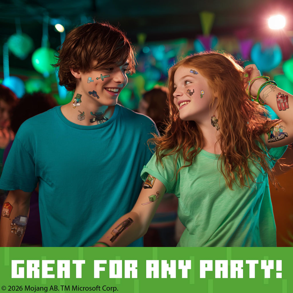 Vibrant Minecraft temporary tattoos for kids showcased in official packaging, perfect for any party. Available at Curat Cart.