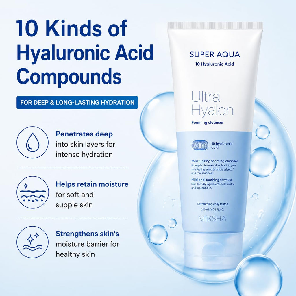 MISSHA Super Aqua Cleansing Foam delivers deep hydration and moisture retention for soft skin. Perfect for daily use, available at Curat Cart.