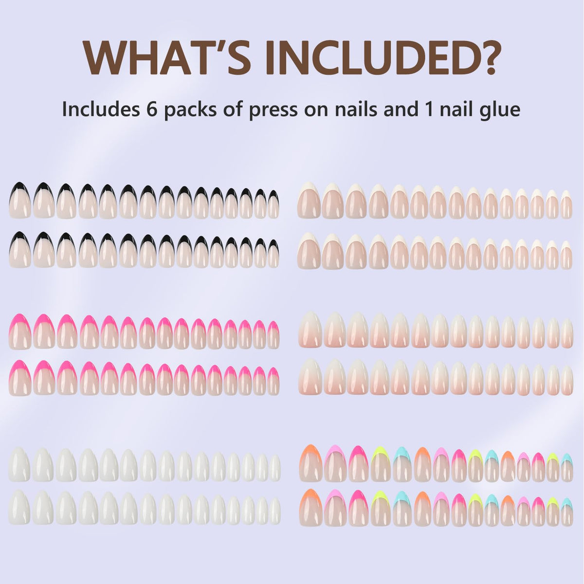Authentic Misssix French Tip Press On Nails set includes 6 packs and nail glue for stylish, easy application.