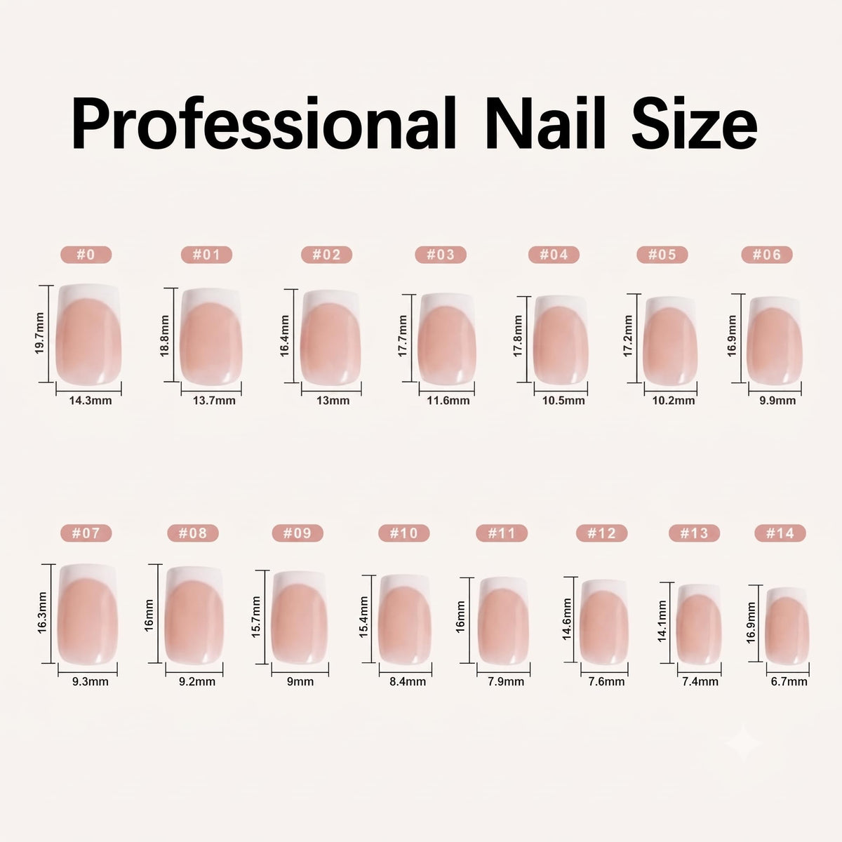 Diagram showcasing size options for Misssix French Tip Press On Nails, verified by CuratCart for quality assurance.