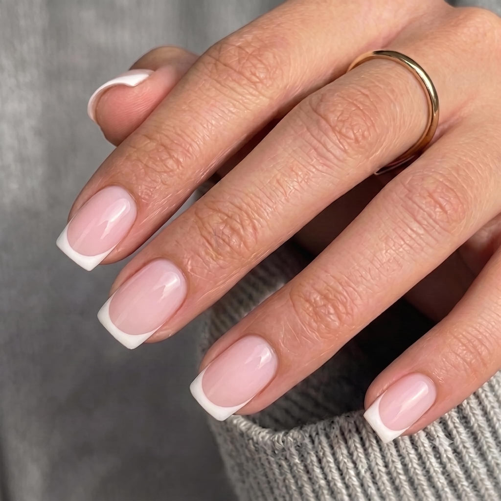 Elegant short French tip press on nails, perfect for a chic look. Available for order online now!