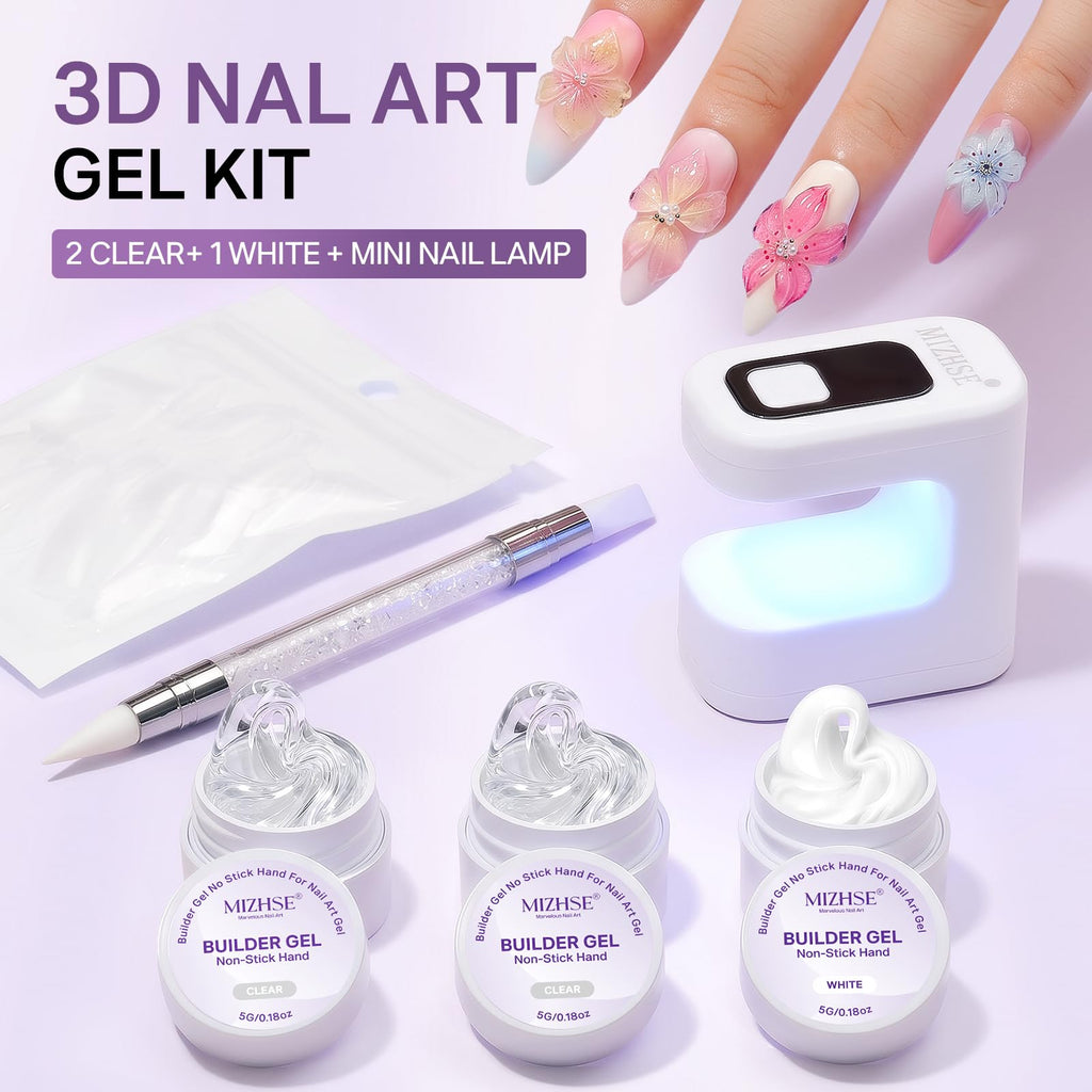 MIZHSE 3D Sculpting Gel Kit with 2 clear gels, 1 white gel, mini nail lamp. Available in India, order online now!
