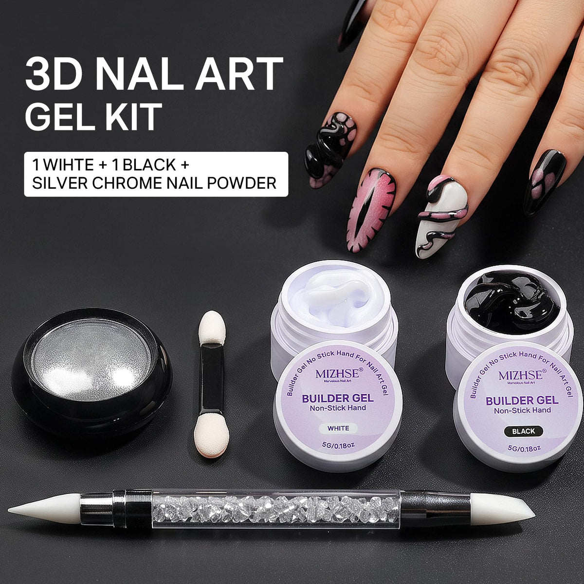 MIZHSE 3D Sculpting Gel kit includes one white and one black gel with a silver chrome nail powder, ideal for detailed nail art. Verified by CuratCart.