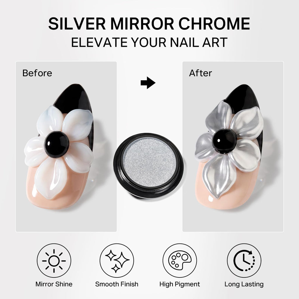 MIZHSE 3D Sculpting Gel set enhances nail art with a silver mirror chrome effect. Authentic and long-lasting for vibrant designs.