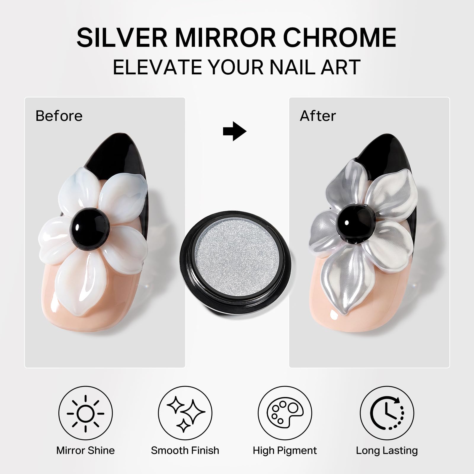 MIZHSE 3D Sculpting Gel set enhances nail art with a silver mirror chrome effect. Authentic and long-lasting for vibrant designs.