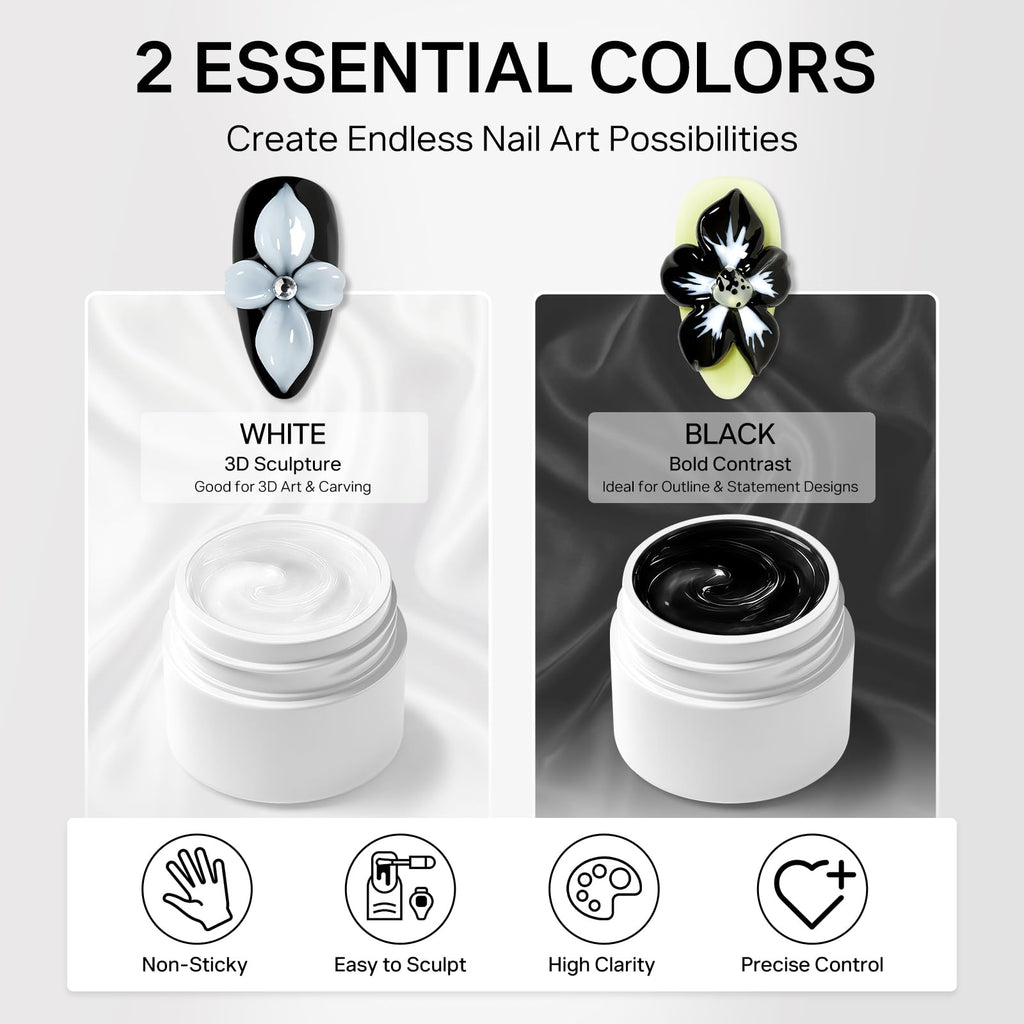 MIZHSE 3D Sculpting Gel Set in white and black, perfect for detailed nail art. Premium imported quality for stunning designs.