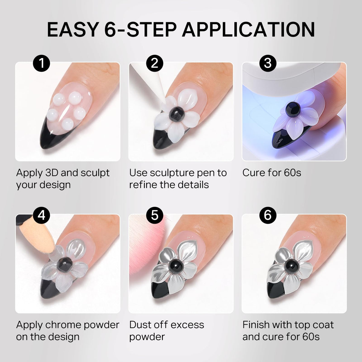 MIZHSE 3D Sculpting Gel set featuring easy application steps for creative nail art with detailed instructions.