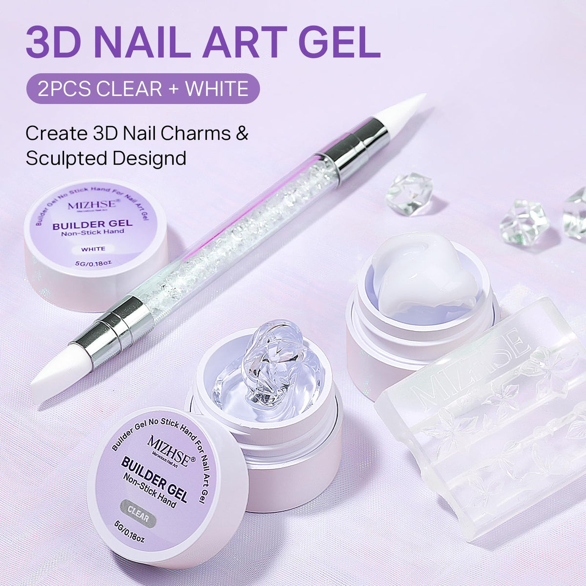 MIZHSE 3D Sculpting Gel set for nail art includes two jars: clear and white. Ideal for creating unique 3D nail designs.