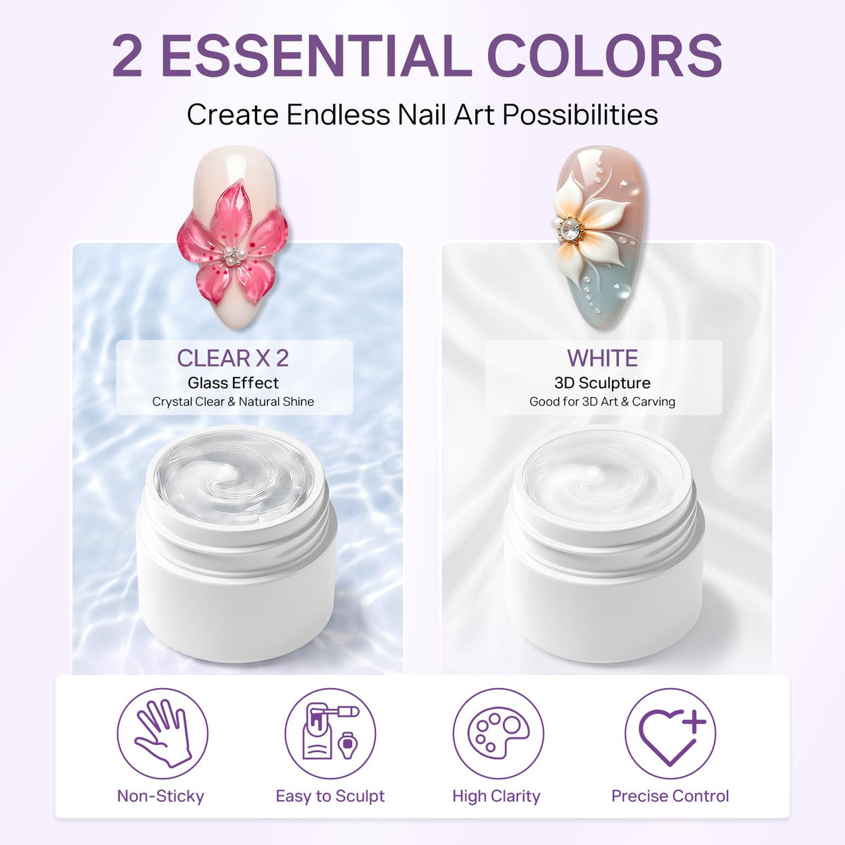 MIZHSE 3D Sculpting Gel in Clear and White for exquisite nail art. 100% genuine, easy to sculpt, and non-sticky.