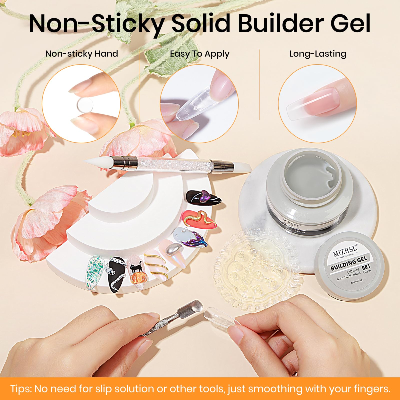 MIZHSE 3D Sculpting Gel for Nail Art, featuring non-sticky application for creative nail designs and long-lasting results.