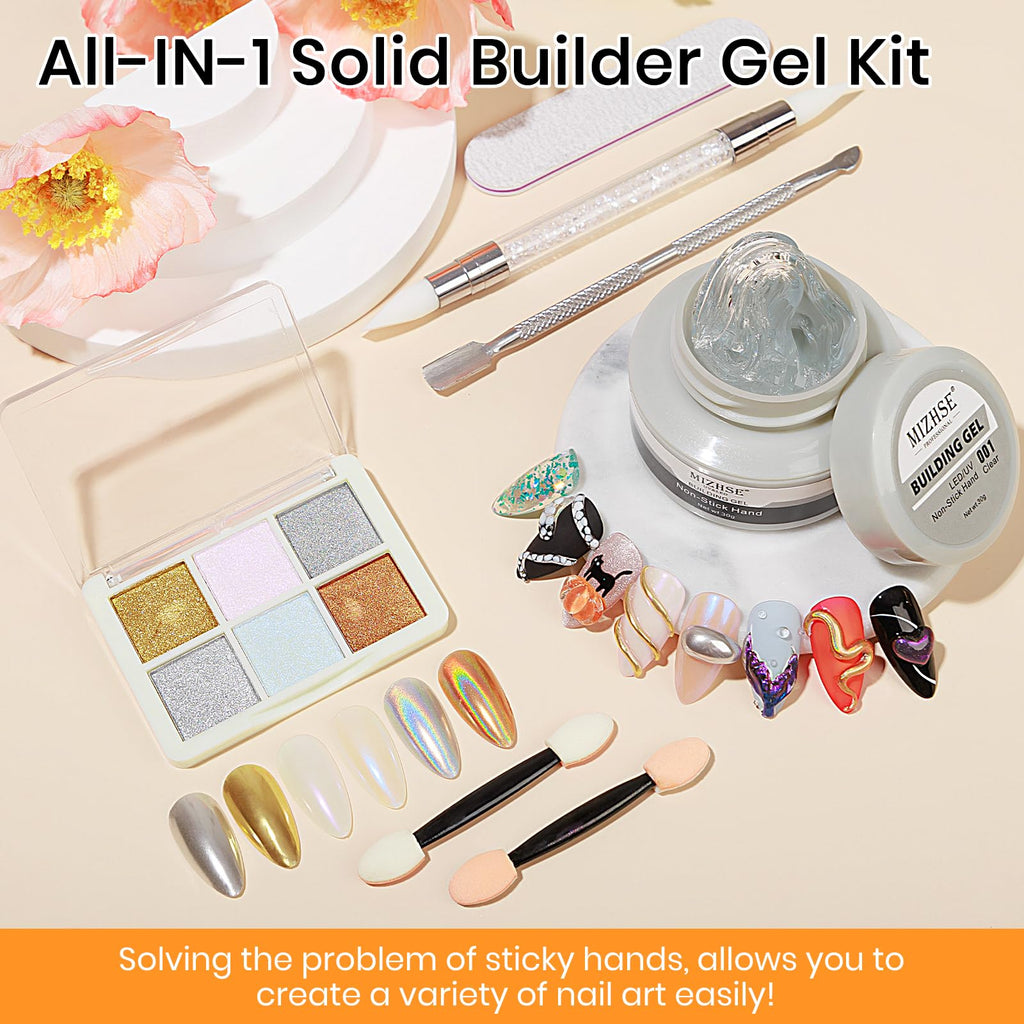 MIZHSE 3D Sculpting Gel kit, includes vibrant colors, tools, and decorative accents for creative nail art designs.