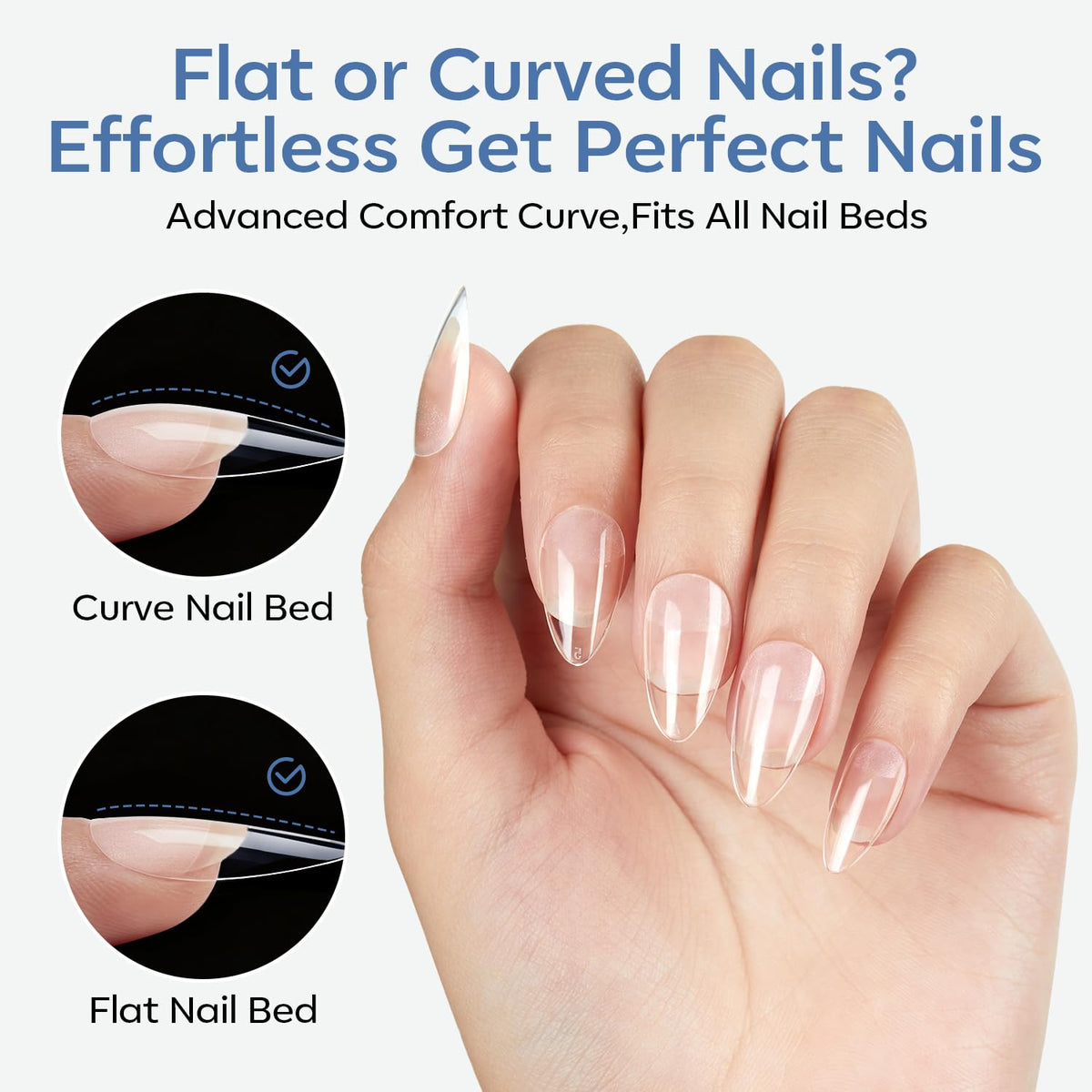Premium imported short almond nail tips, perfect for flat or curved nail beds. Get flawless nails effortlessly!